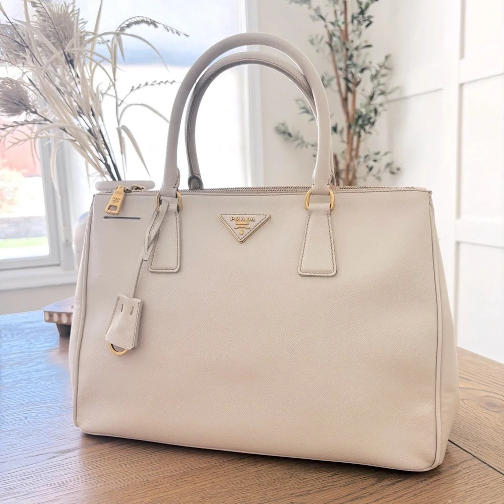 Prada Saffiano Large Galleria Double Zip Tote Talco White Gold Accents with COA‎